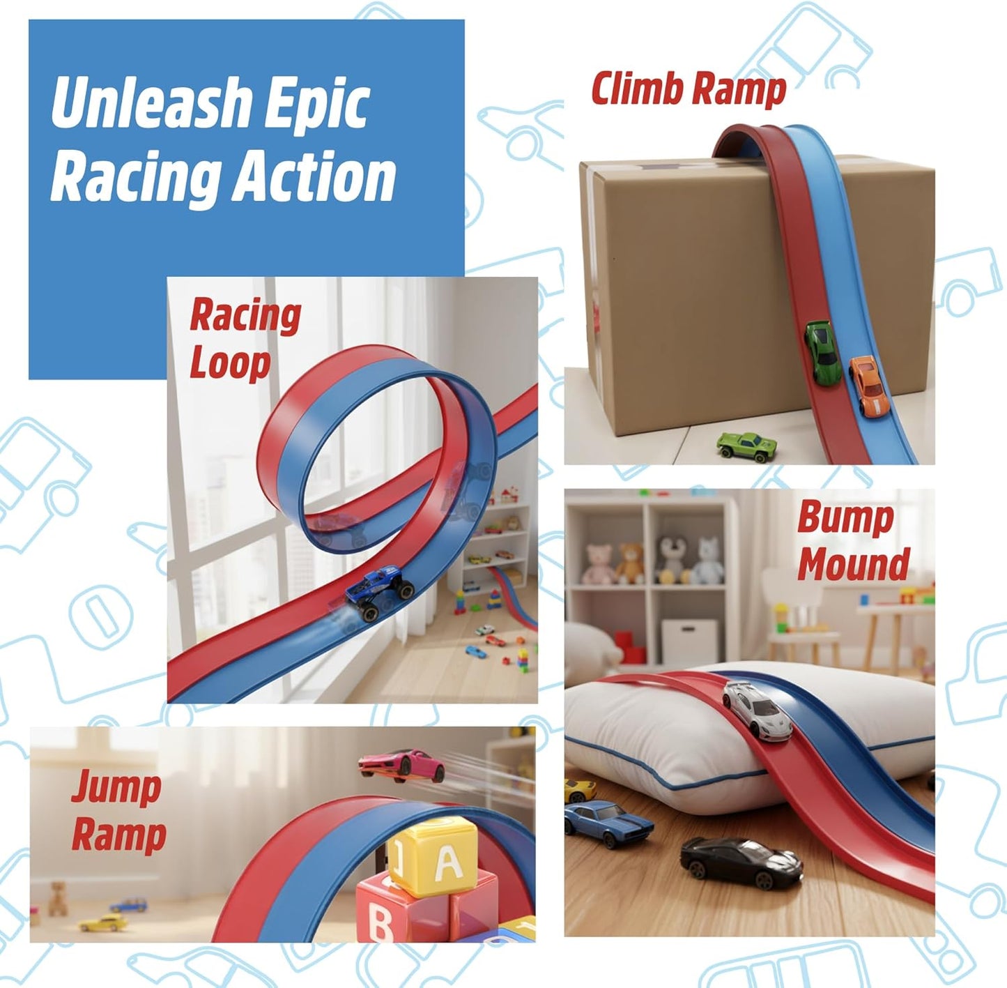 Flexible Race Track for Kids - 15 Ft Starter Set Flex Car Toy Slot Tracks